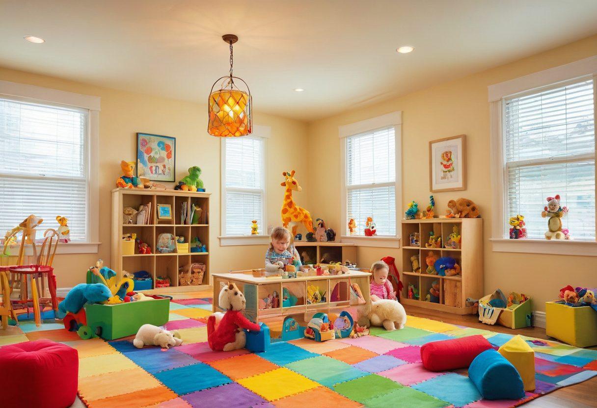 A whimsical scene featuring a variety of vibrant toys laid out in an enchanting playroom, showcasing colorful building blocks, soft plush animals, interactive educational games, and artistic crafting supplies, all surrounded by expressive children joyfully engaged in play, underscoring the happiness and growth that comes from choosing the right toys. bright colors. playful atmosphere. soft lighting.