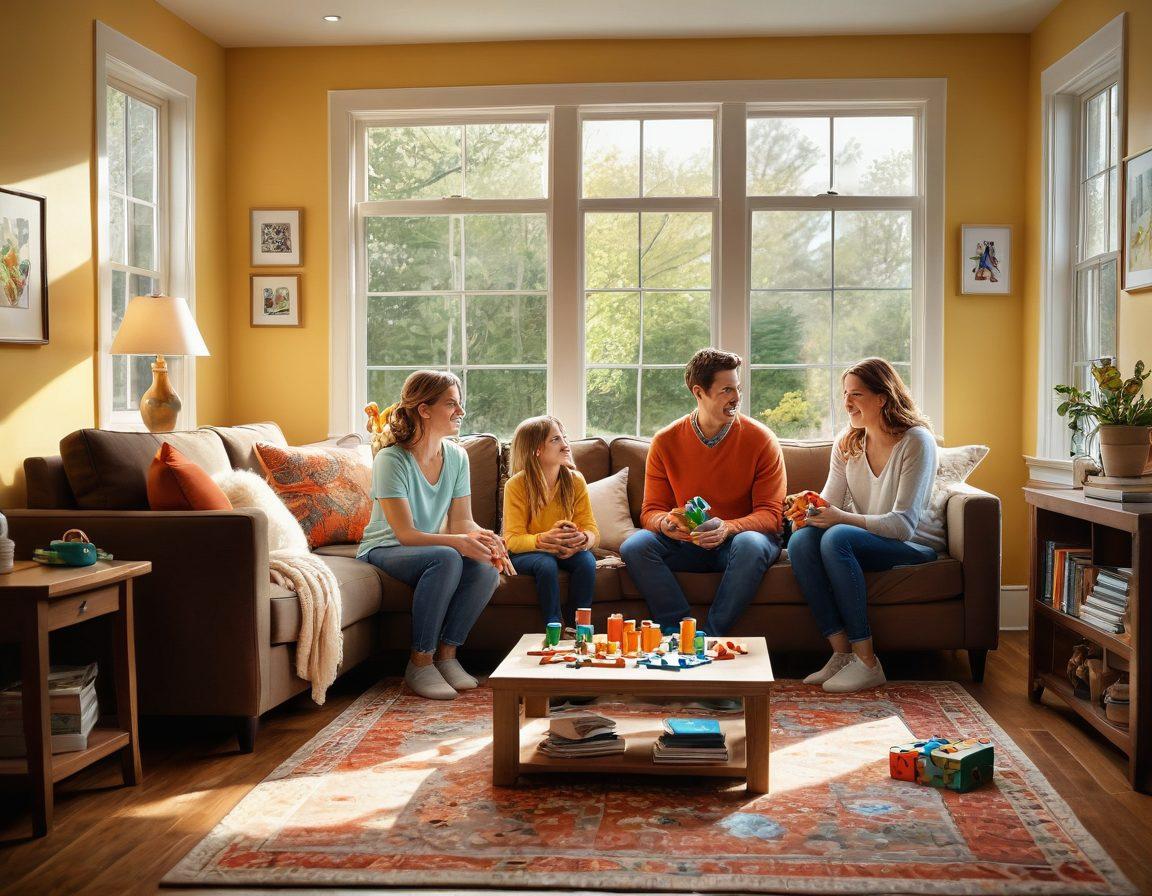 A warm, vibrant scene of a family gathered in a cozy living room, engaging with colorful interactive playthings such as building blocks and puzzles. The room is filled with laughter, showcasing the joy and connection between parents and children. Soft sunlight streams through the window, illuminating their happy faces as they create cherished memories together. The décor is inviting and playful, with family photos in the background. super-realistic. vibrant colors. warm lighting.